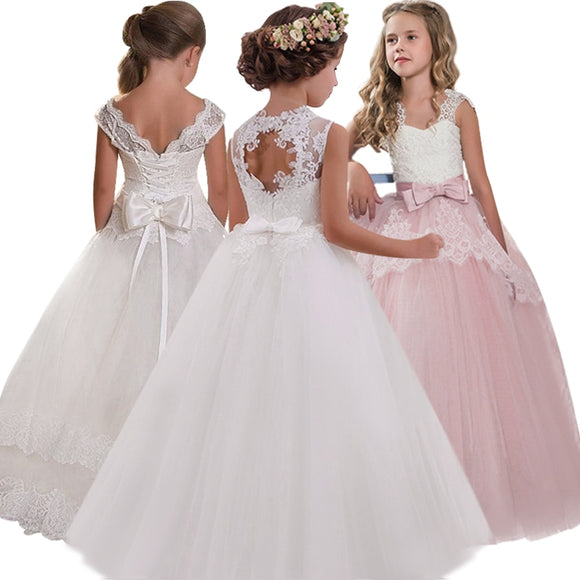 Elegant Girls' Flower-lace Banquet Dress with Hollow Back for Wedding