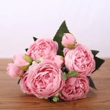 30cm Rose Pink Silk Bouquet Peony Artificial Flowers 5 Big Heads 4 Small Buds Bride Wedding Decoration Fake Flowers Faux