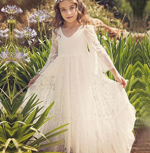 Lace Flower Girl Dresses Ivory 2020 Three Quarter Sleeves A Line Long Primera Communion Flower Girl Dresses for Weddings vestido
