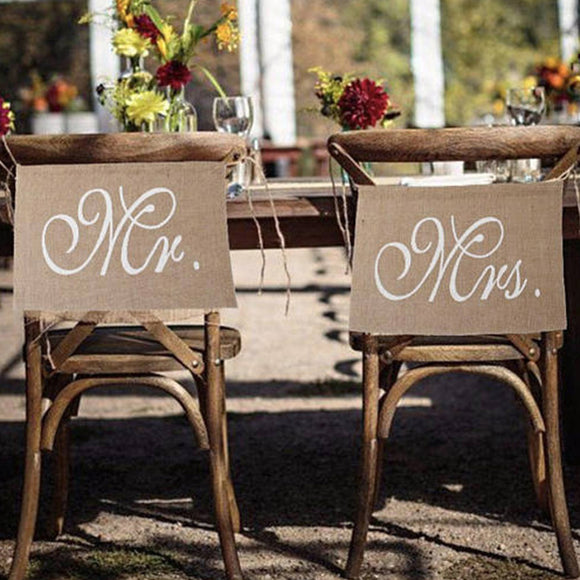2pcs/set Wedding Decoration Pennant Reception Sign Mr And Mrs Linen Flag Chair Banner